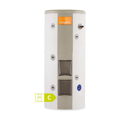 White Heatrae Sadia Megaflo Indirect Commercial Flexistor Unvented Cylinder with 500 Litre capacity and 10 Bar pre-set pressure on white background